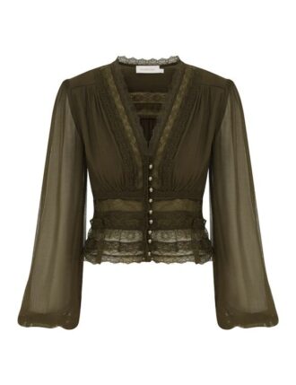 Blůza Luna s výstřihem do V v barvě mechu online