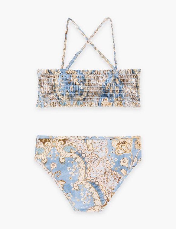 Dětské bikiny Daylight s řasením v džínsovině s květinovým vzorem bandana online Dětské bikiny Daylight s řasením v džínsovině s květinovým vzorem bandana online