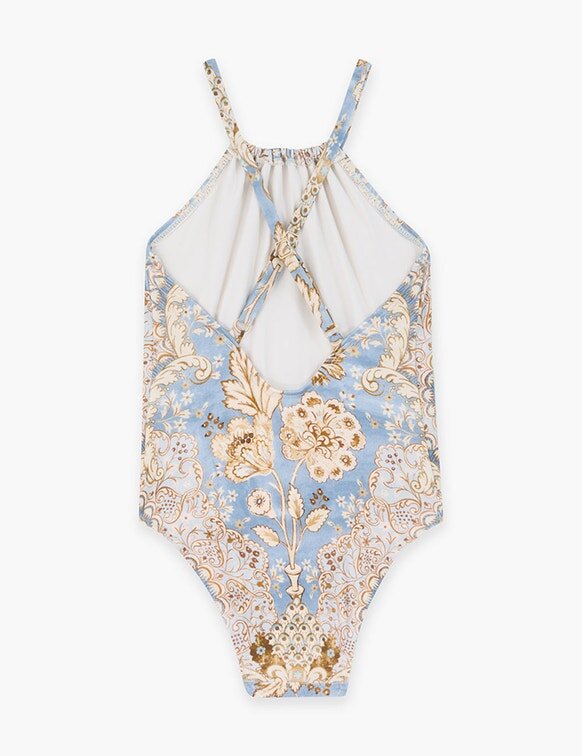 Dětské jednodílné plavky Daylight s volánky z džínsoviny s květinovým vzorem bandana online Dětské jednodílné plavky Daylight s volánky z džínsoviny s květinovým vzorem bandana online