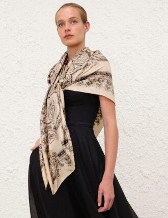 Tištěný hedvábný maxi šátek v krémové barvě s paisley vzorem online