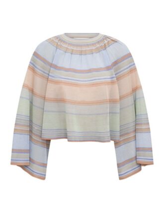 Top Indra Stripe Bell Sleeve v modré barvě s vícebarevnými pruhy online Top Indra Stripe Bell Sleeve v modré barvě s vícebarevnými pruhy online
