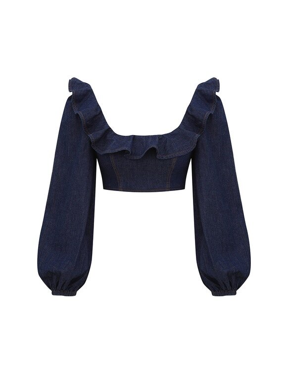 Top z džínsoviny s volánky Aster v barvě Ink Online Top z džínsoviny s volánky Aster v barvě Ink Online