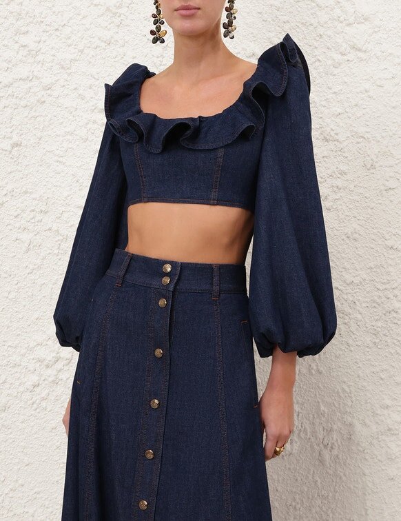 Top z džínsoviny s volánky Aster v barvě Ink Online Top z džínsoviny s volánky Aster v barvě Ink Online