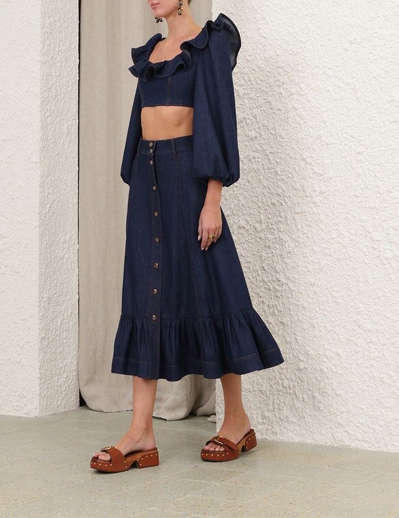 Top z džínsoviny s volánky Aster v barvě Ink Online Top z džínsoviny s volánky Aster v barvě Ink Online