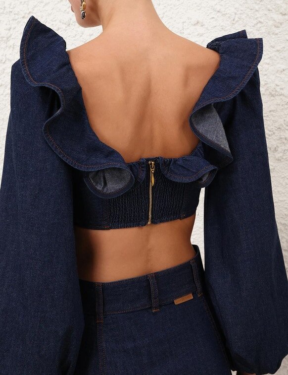 Top z džínsoviny s volánky Aster v barvě Ink Online Top z džínsoviny s volánky Aster v barvě Ink Online